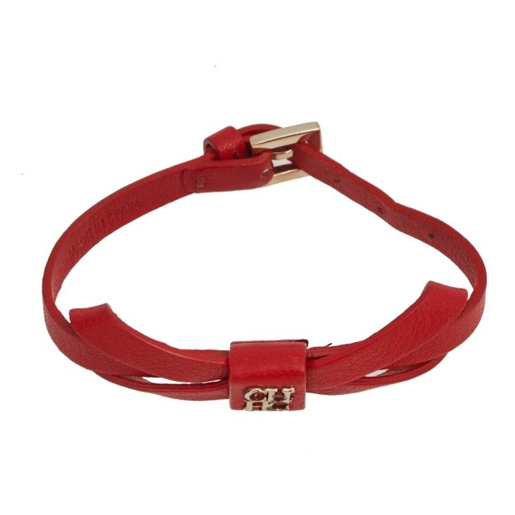Pre Owned CH Carolina Herrera Red Leather Ribbon Bracelet