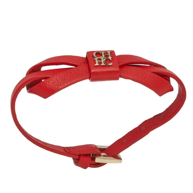 Pre Owned CH Carolina Herrera Red Leather Ribbon Bracelet