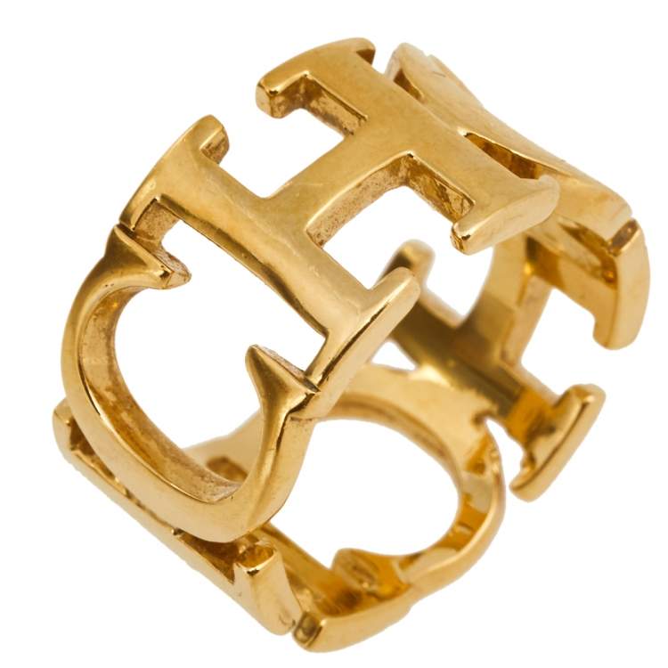Pre Owned CH Carolina Herrera Gold Tone Between the Line Ring EU 53