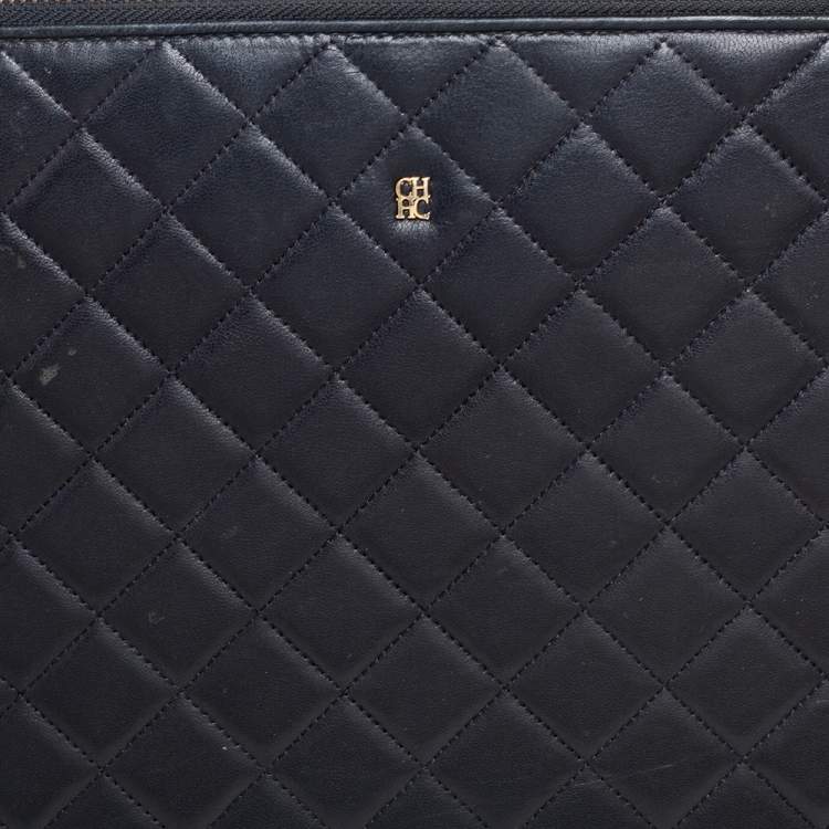 Pre Owned CH Carolina Herrera Black Quilted Leather Zip Around Document Case