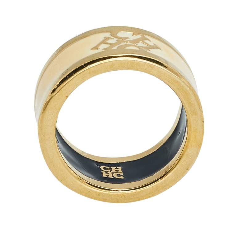 Pre Owned CH Carolina Herrera Cream Enamel Gold Tone Band Ring Size EU 55