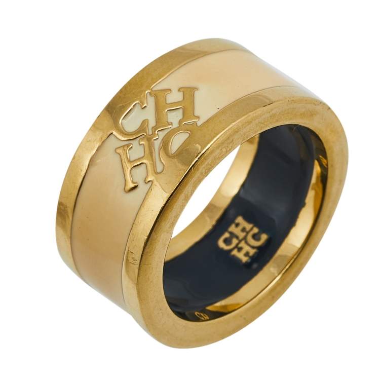Pre Owned CH Carolina Herrera Cream Enamel Gold Tone Band Ring Size EU 55
