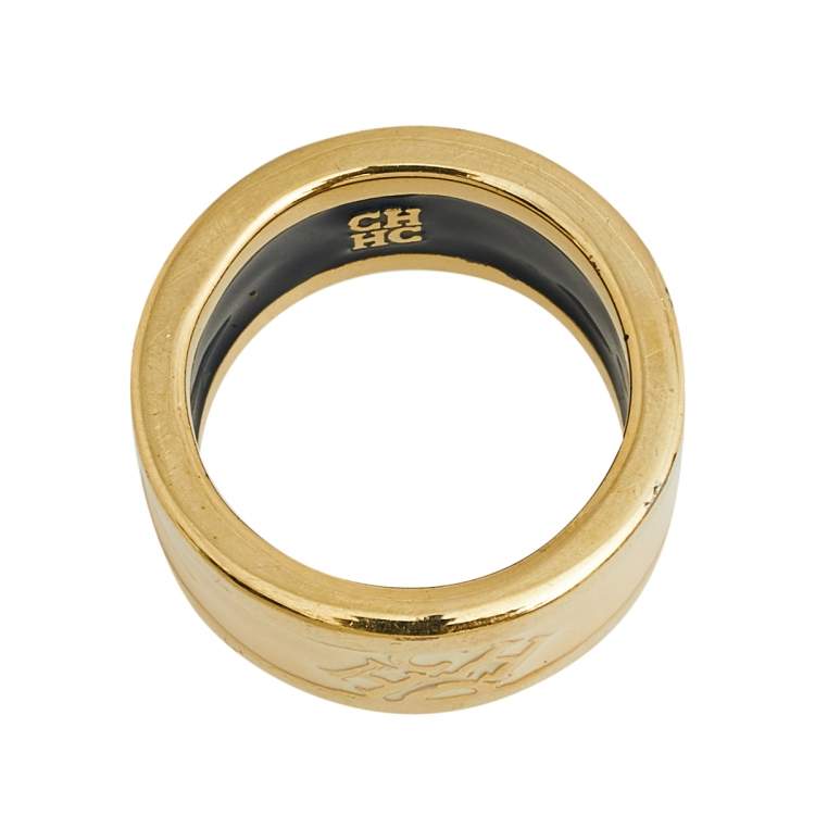 Pre Owned CH Carolina Herrera Cream Enamel Gold Tone Band Ring Size EU 55