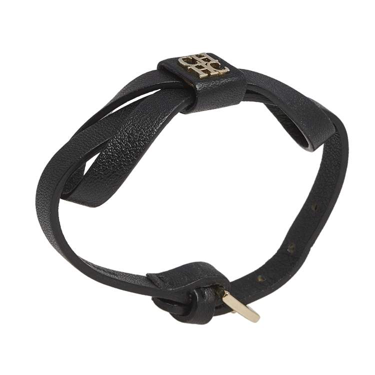 Pre Owned CH Carolina Herrera Black Leather Ribbon Bracelet