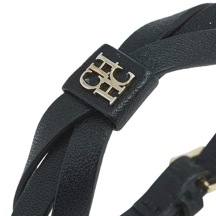 Pre Owned CH Carolina Herrera Black Leather Ribbon Bracelet