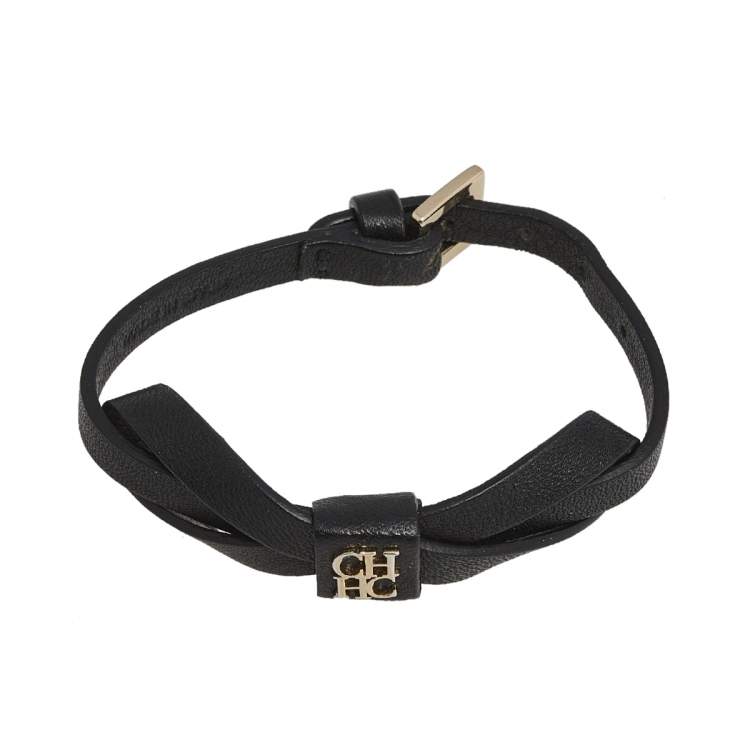 Pre Owned CH Carolina Herrera Black Leather Ribbon Bracelet