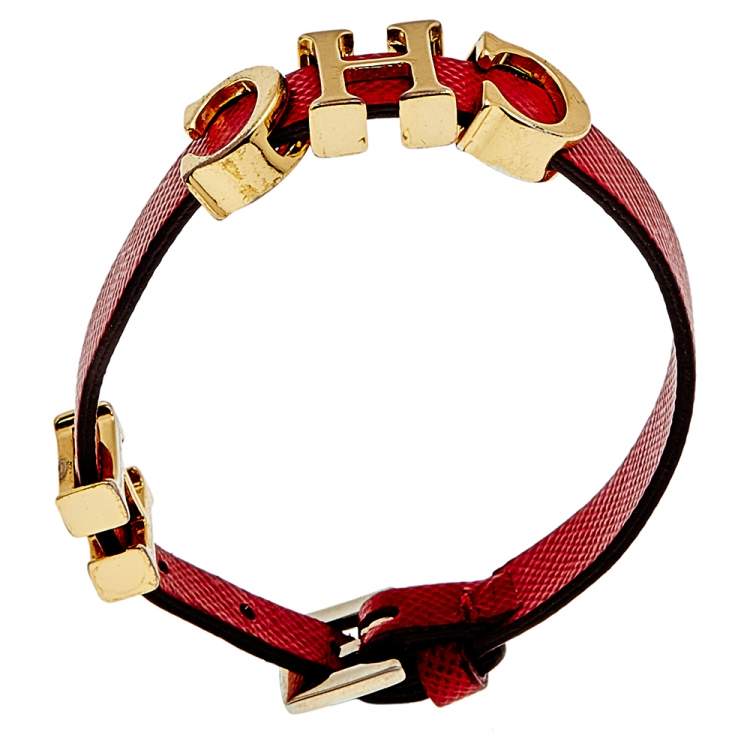 Pre Owned CH Carolina Herrera Red Leather Logo Charm Wrap Bracelet