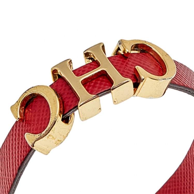 Pre Owned CH Carolina Herrera Red Leather Logo Charm Wrap Bracelet