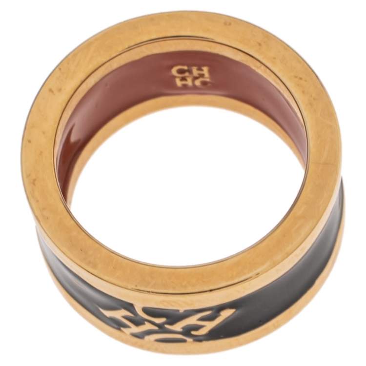 Pre Owned CH Carolina Herrera Black Logo Enamel Gold Tone Band Ring EU 56