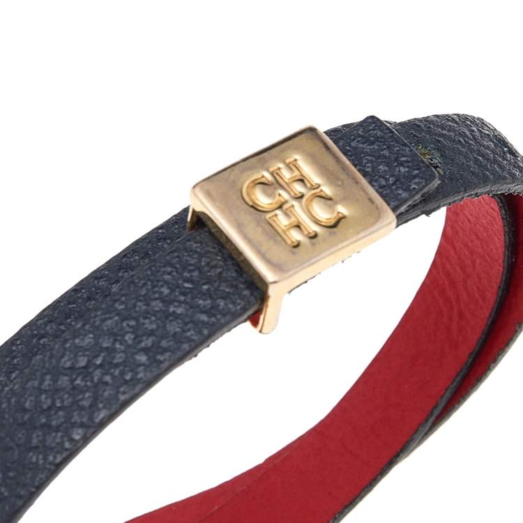 Pre Owned CH Carolina Herrera Black Leather Double Wrap Bracelet