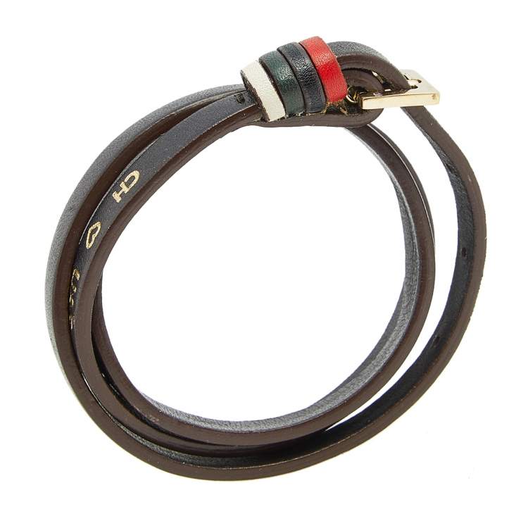 Pre Owned CH Carolina Herrera Brown Leather Gold Tone Wrap Bracelet