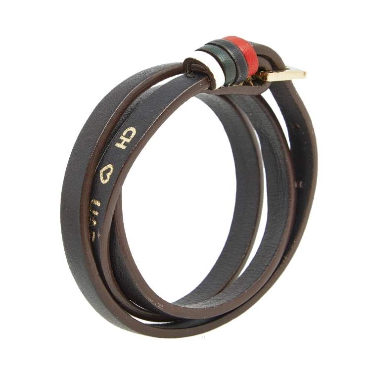 Pre Owned CH Carolina Herrera Brown Leather Gold Tone Wrap Bracelet
