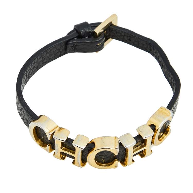 Pre Owned CH Carolina Herrera Black Leather Gold Tone Adriana Bracelet
