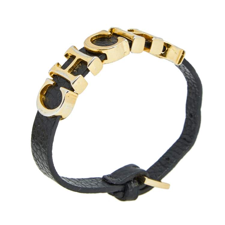 Pre Owned CH Carolina Herrera Black Leather Gold Tone Adriana Bracelet