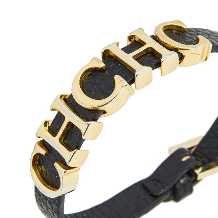 Pre Owned CH Carolina Herrera Black Leather Gold Tone Adriana Bracelet