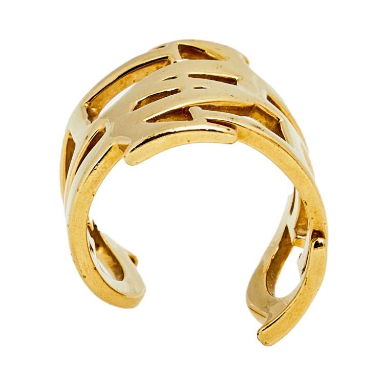 Pre Owned CH Carolina Herrera Gold Tone Logo Open Cuff Ring Size EU 6.5