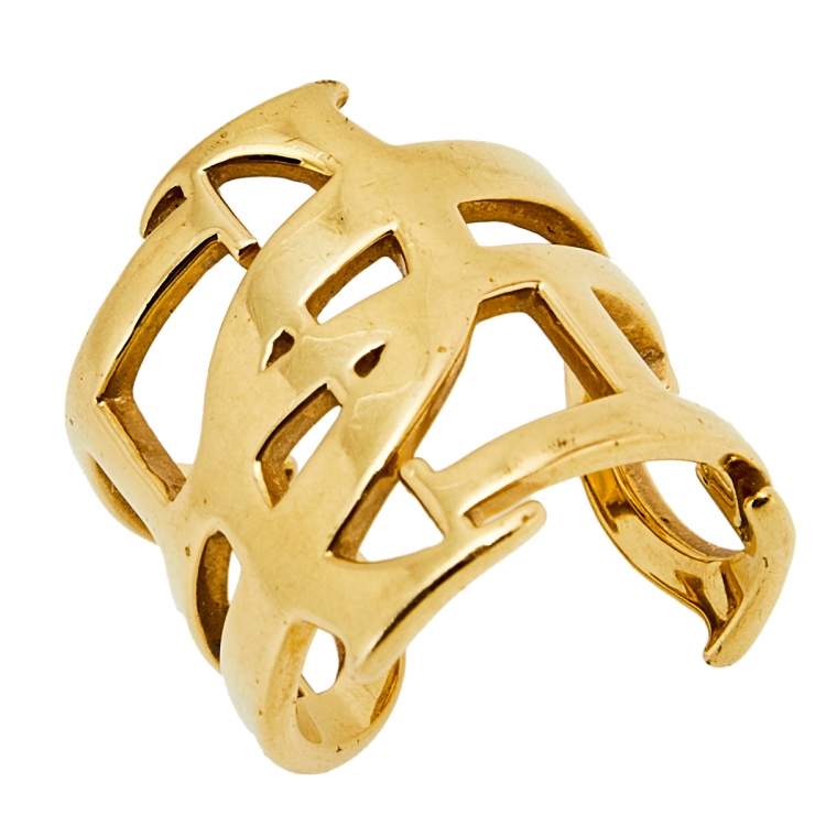 Pre Owned CH Carolina Herrera Gold Tone Logo Open Cuff Ring Size EU 6.5