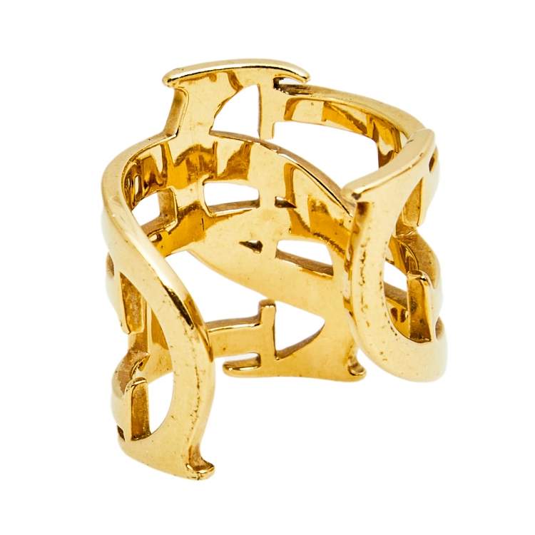 Pre Owned CH Carolina Herrera Gold Tone Logo Open Cuff Ring Size EU 6.5