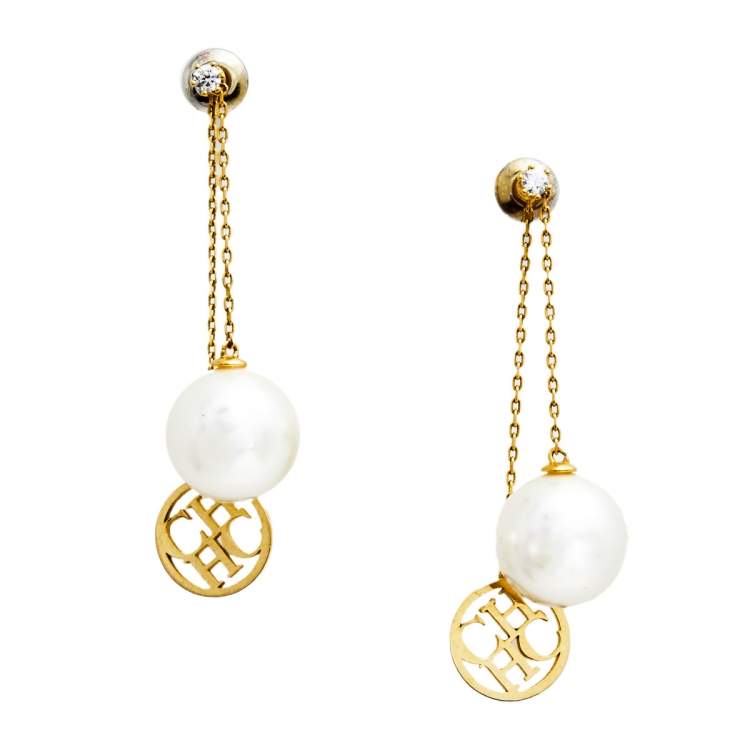 Pre Owned CH Carolina Herrera Gold Tone Logo & Pearl Drop Earrings