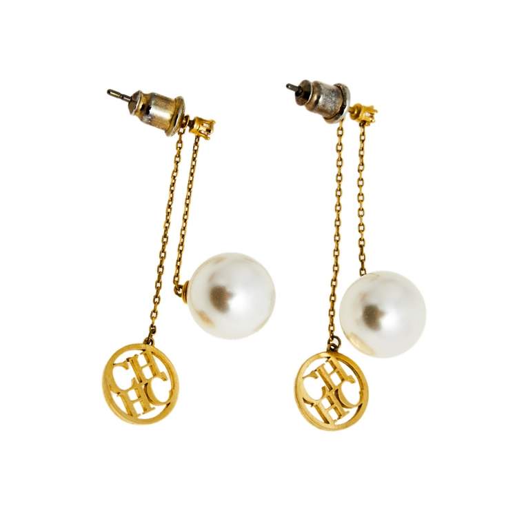 Pre Owned CH Carolina Herrera Gold Tone Logo & Pearl Drop Earrings