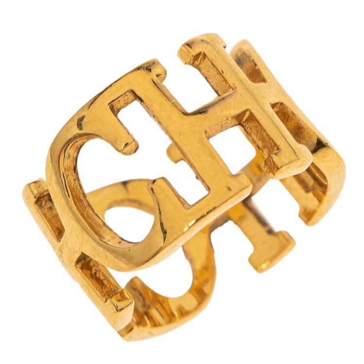 Pre Owned Carolina Herrera CH Gold Tone Between the Line Ring EU 54