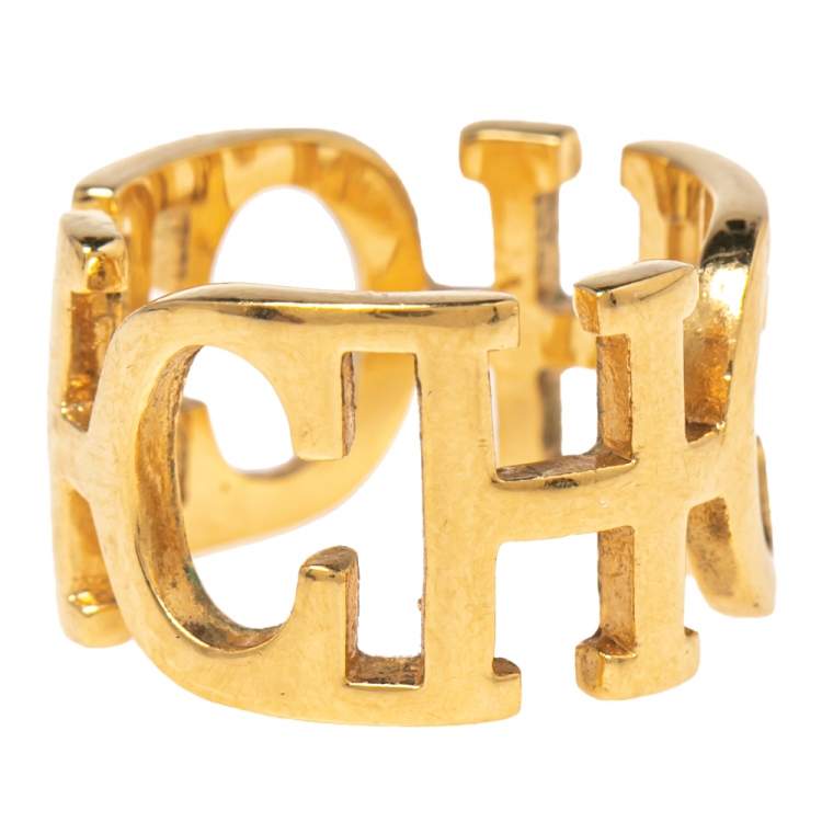 Pre Owned Carolina Herrera CH Gold Tone Between the Line Ring EU 54