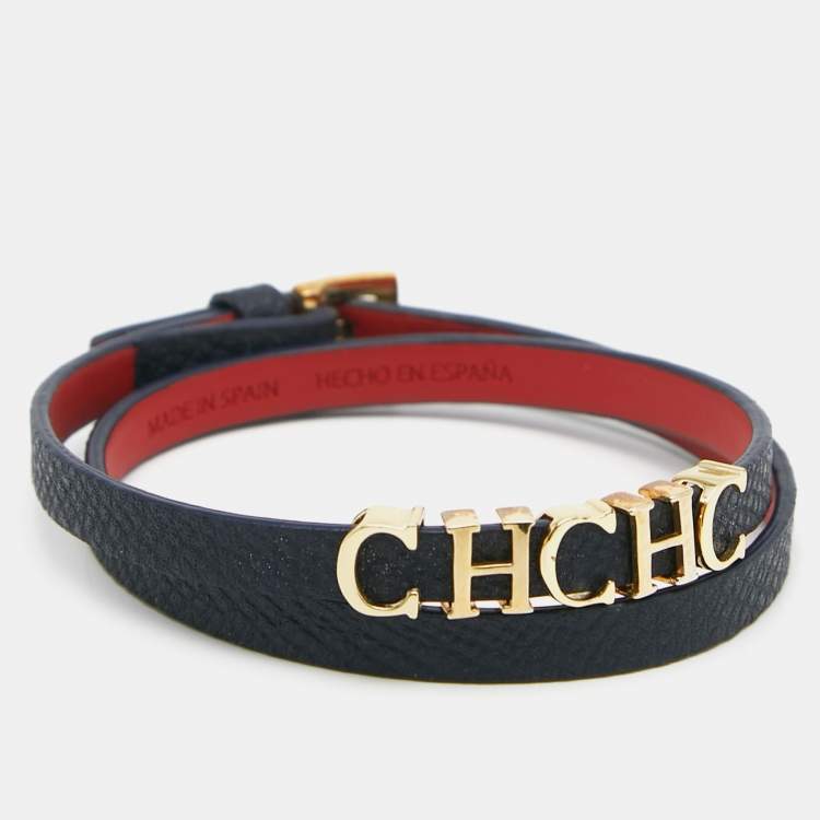 Pre Owned CH Carolina Herrera Navy Blue Leather Double Wrap Bracelet 