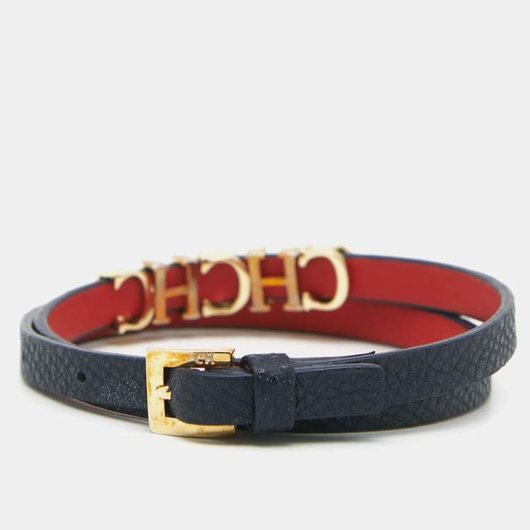Pre Owned CH Carolina Herrera Navy Blue Leather Double Wrap Bracelet 