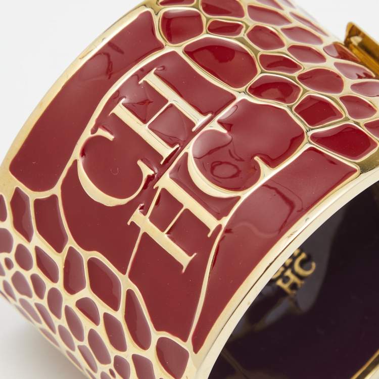 Pre Owned CH Carolina Herrera Red Enamel Logo Wide Cuff Bracelet