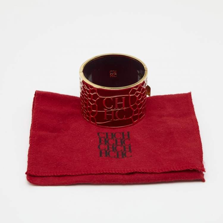 Pre Owned CH Carolina Herrera Red Enamel Logo Wide Cuff Bracelet