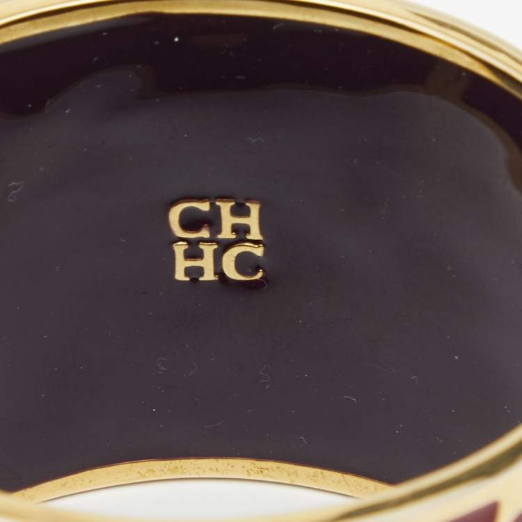 Pre Owned CH Carolina Herrera Red Enamel Logo Wide Cuff Bracelet