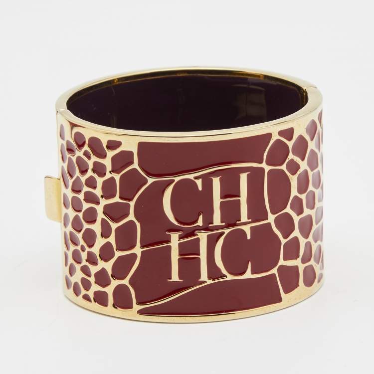 Pre Owned CH Carolina Herrera Red Enamel Logo Wide Cuff Bracelet