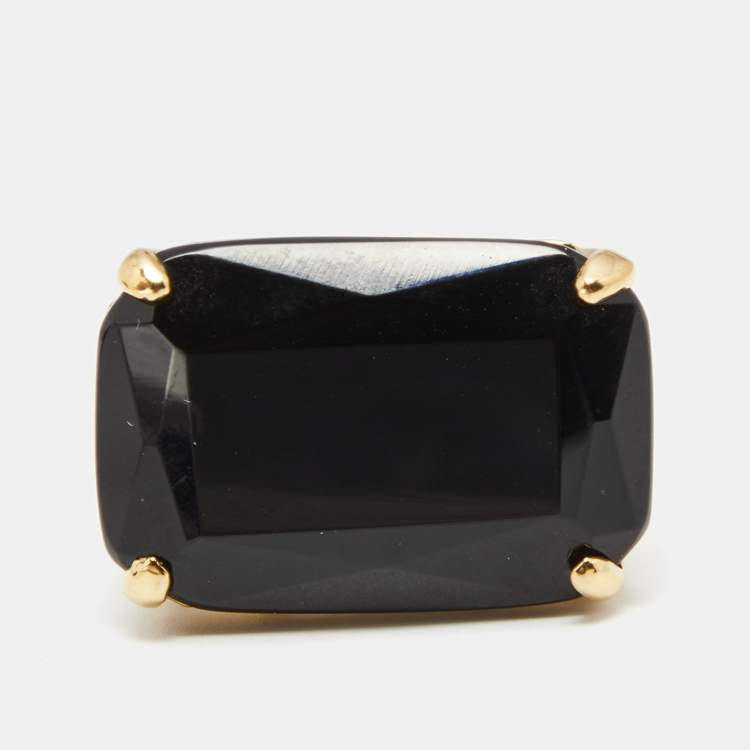 Pre Owned CH Carolina Herrera Opaque Black Faceted Stone Gold Tone Ring Size 55