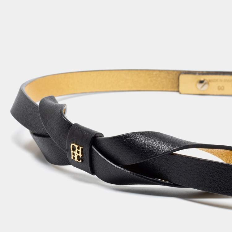 Pre Owned CH Carolina Herrera Black Leather Bow Slim Belt 90CM