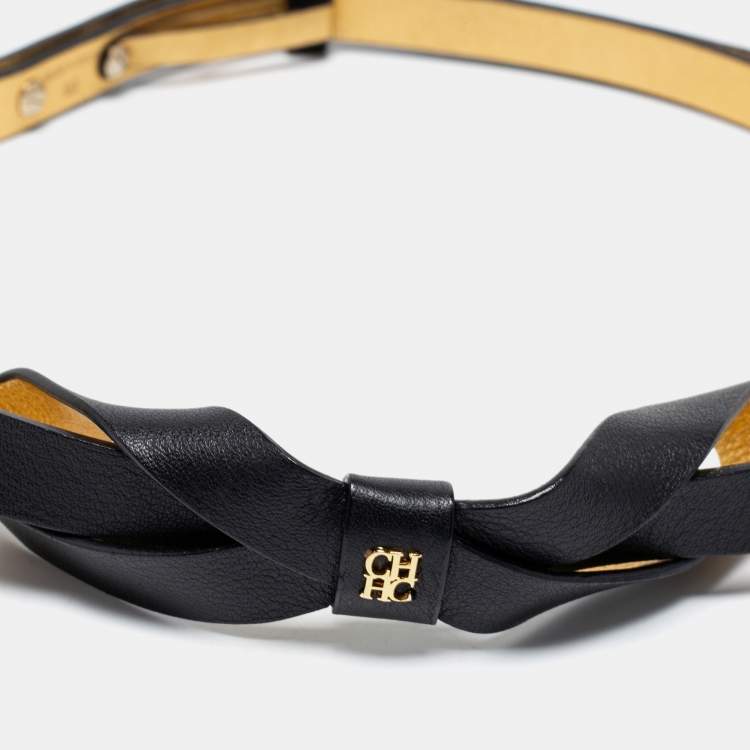 Pre Owned CH Carolina Herrera Black Leather Bow Slim Belt 90CM