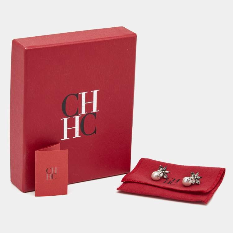 Pre Owned Carolina Herrera Grey Crystal Jasmine Faux Pearl Drop Earrings