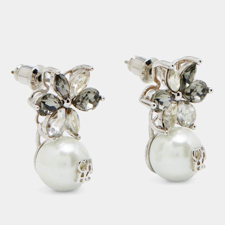 Pre Owned CH Carolina Herrera Crystal Pearl Drop Jasmine Earrings