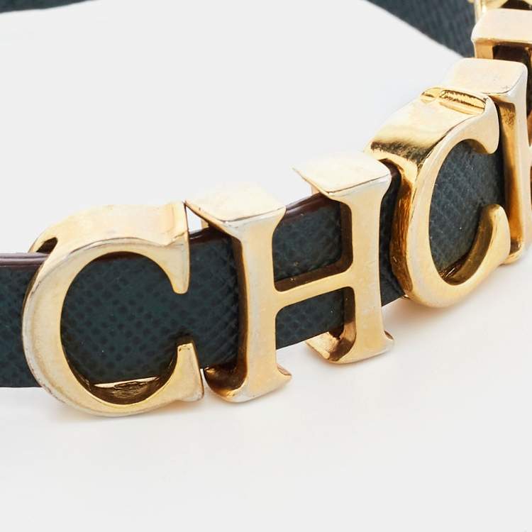 Pre Owned CH Carolina Herrera Forest Green Leather Logo Charms Wrap Bracelet