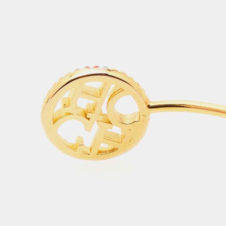 Pre Owned Carolina Herrera CH Key Logo Crystals Gold Tone Open Cuff Bracelet