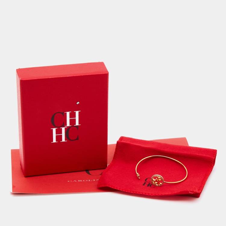 Pre Owned Carolina Herrera CH Key Logo Crystals Gold Tone Open Cuff Bracelet