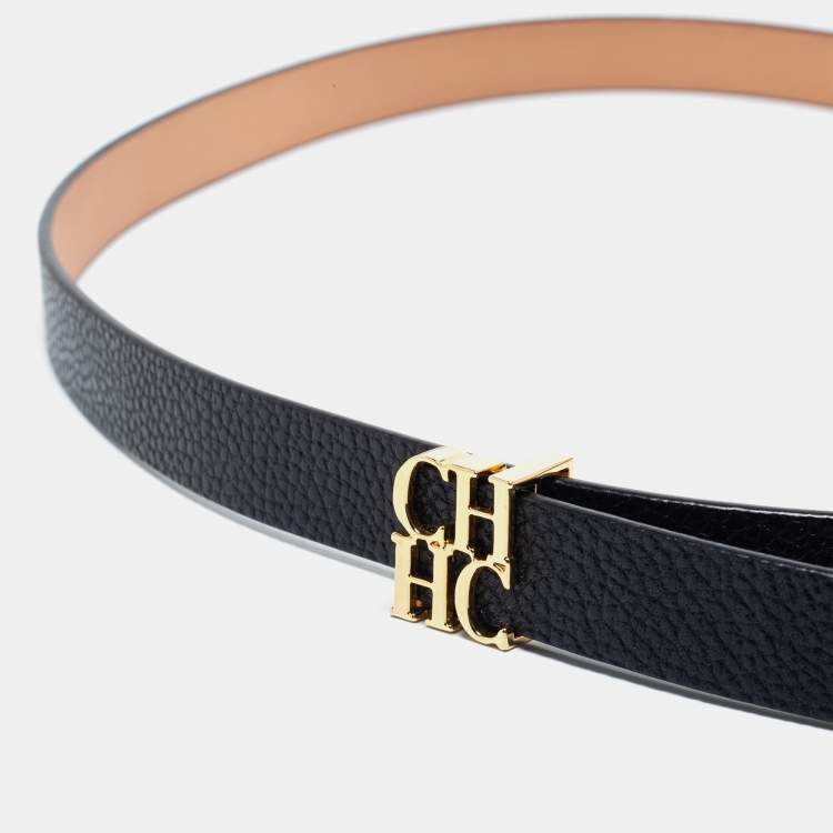 Pre Owned CH Carolina Herrera Black Leather CH Logo Slim Belt 100 CM