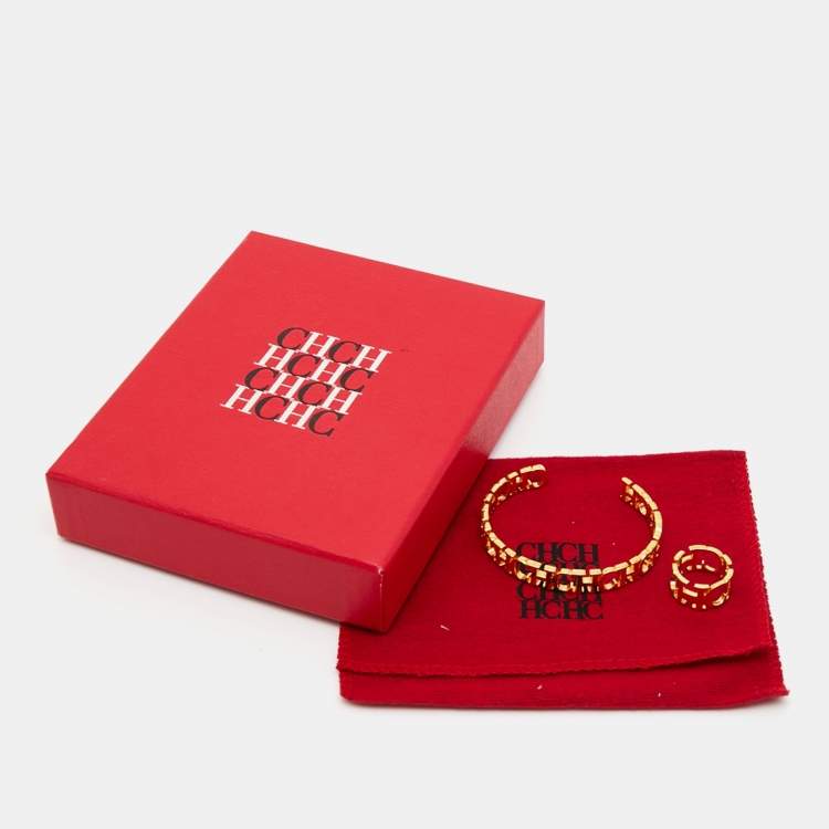 Pre Owned CH Carolina Herrera Gold Tone Between The Line Bracelet & Ring Set