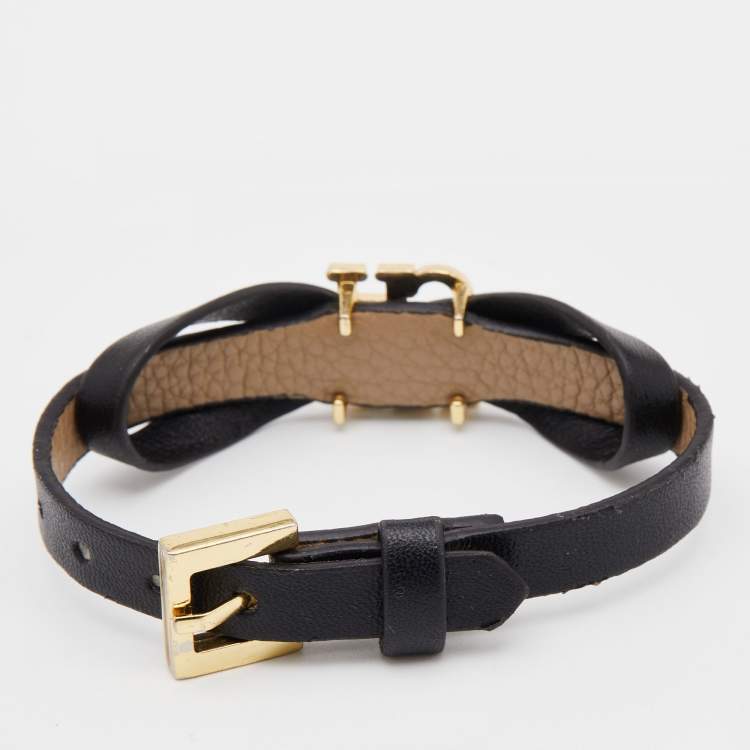 Pre Owned CH Carolina Herrera Black Leather Logo Bow Bracelet