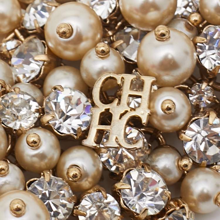 Pre Owned CH Carolina Herrera CH Crystal Faux Pearl Gold Tone Wide Bracelet 