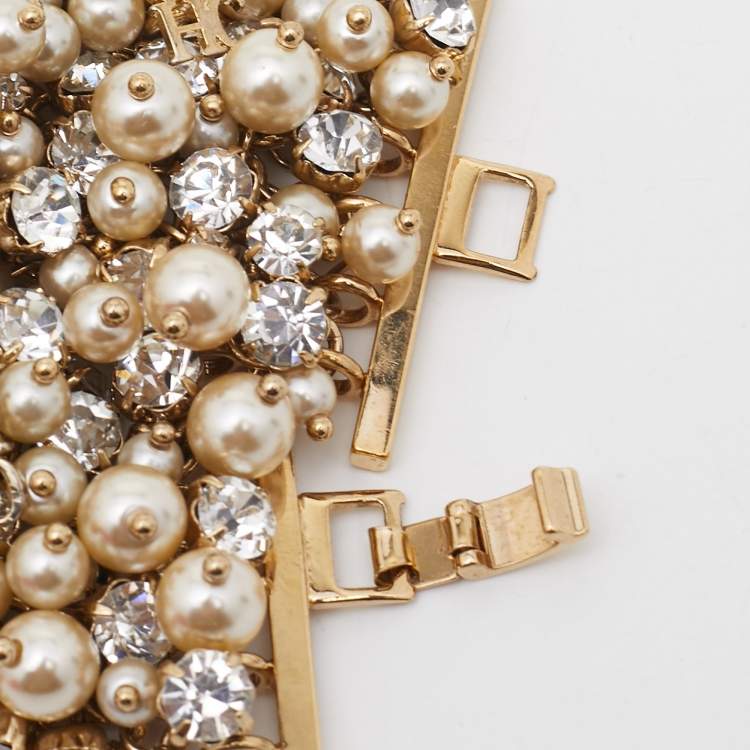 Pre Owned CH Carolina Herrera CH Crystal Faux Pearl Gold Tone Wide Bracelet 