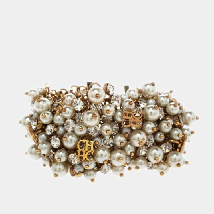 Pre Owned CH Carolina Herrera CH Crystal Faux Pearl Gold Tone Wide Bracelet 