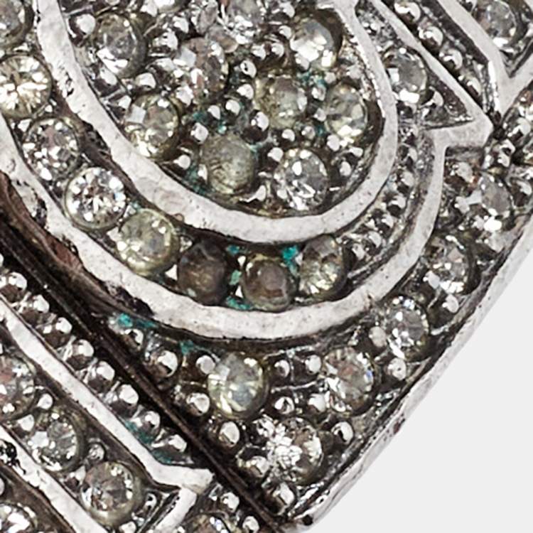 Pre Owned CH Carolina Herrera Crystal Logo Gunmetal Tone Open Cuff Bracelet