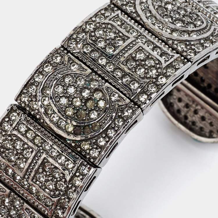 Pre Owned CH Carolina Herrera Crystal Logo Gunmetal Tone Open Cuff Bracelet