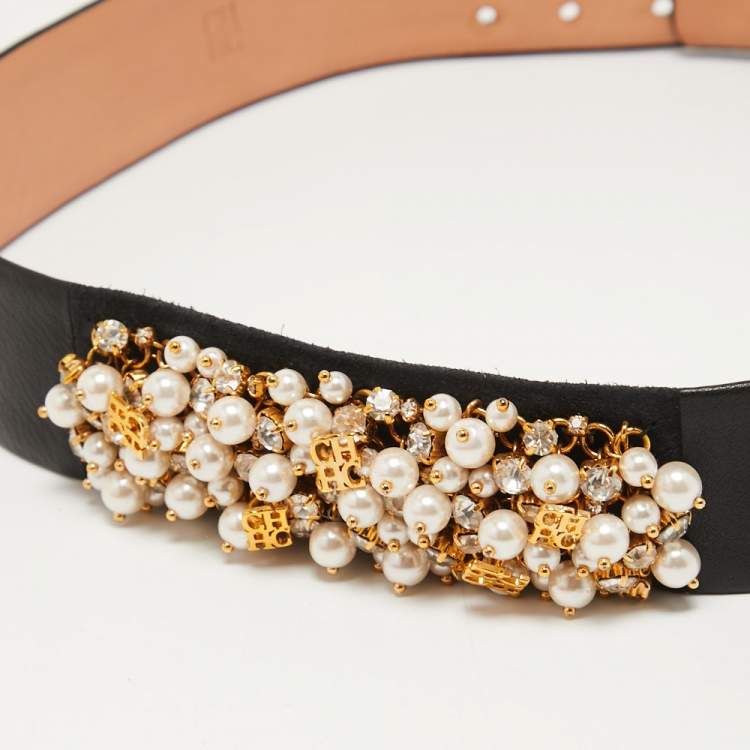 Pre Owned CH Carolina Herrera Black Leather and Suede Pearl Embellished Waist Belt 75CM