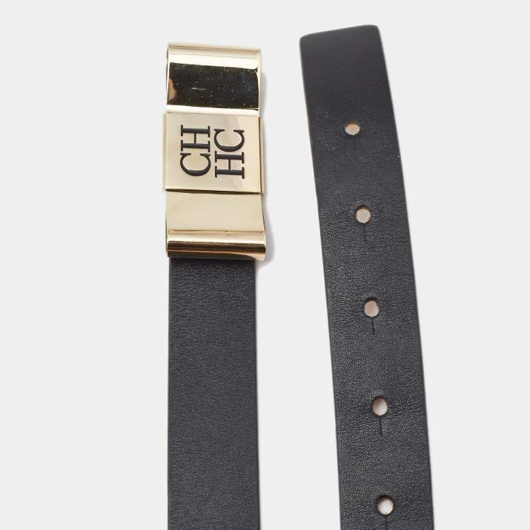 Pre Owned CH Carolina Herrera Black Leather Metal Bow Belt 75CM